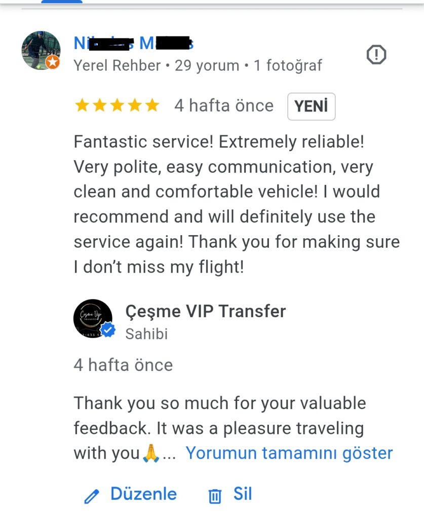 Alaçatı Vito Transfer Gerçek Müşteri Yorumları 