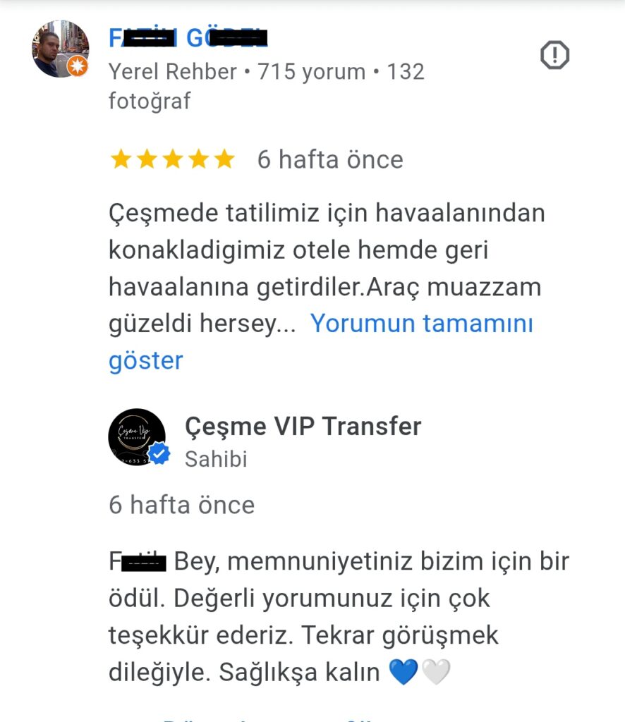 Alaçatı Vito Transfer Gerçek Müşteri Yorumları 