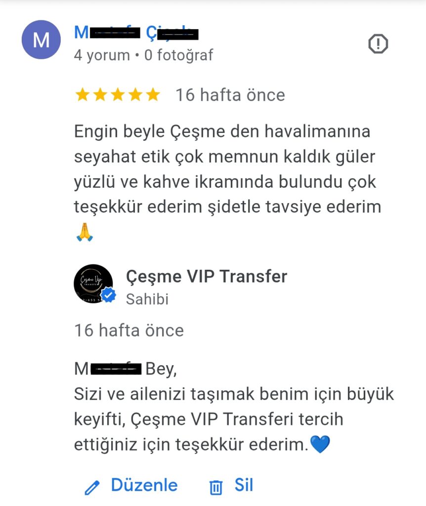 Alaçatı Vito Transfer Gerçek Müşteri Yorumları 