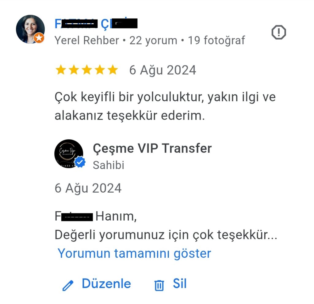 Alaçatı Vito Transfer Gerçek Müşteri Yorumları 